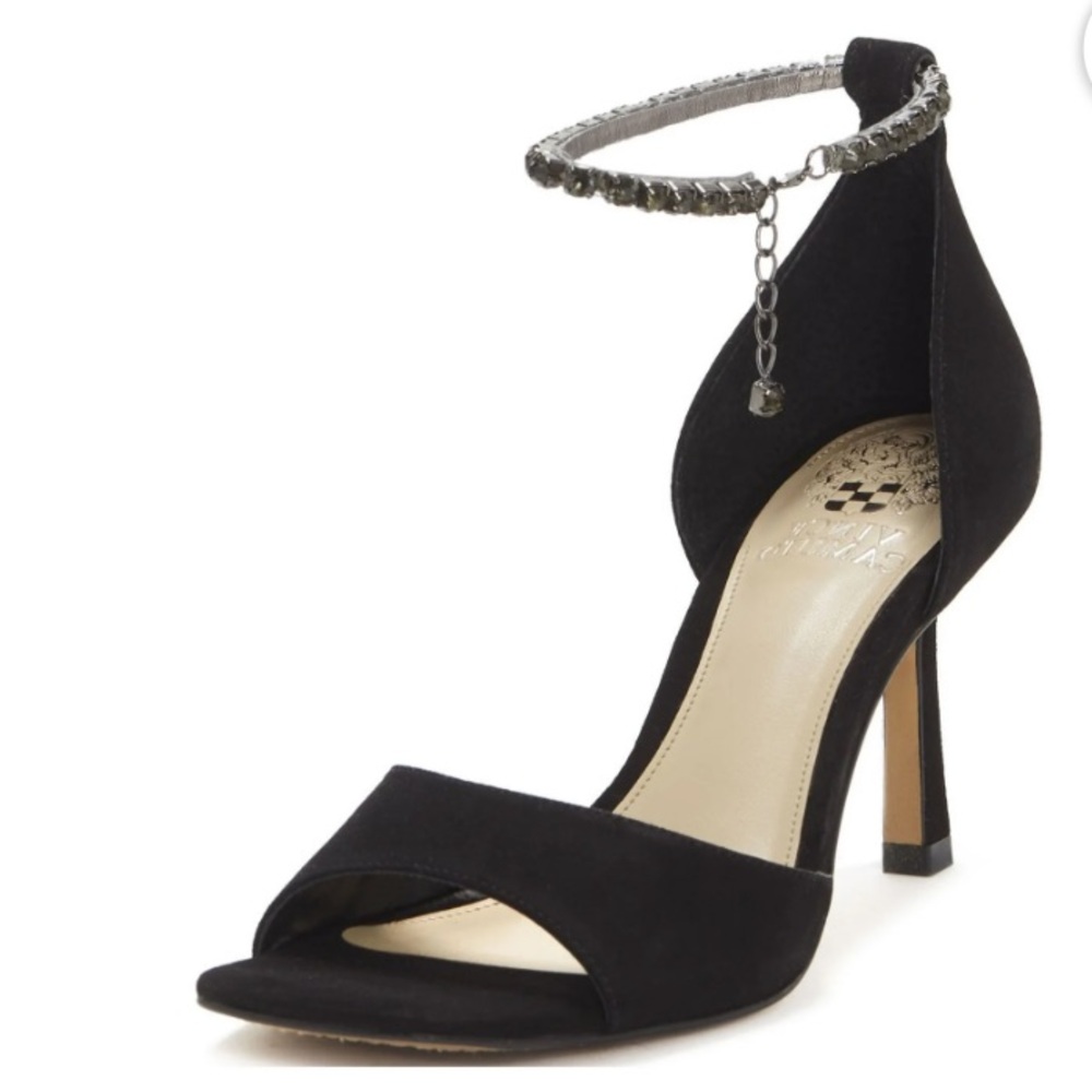 Vince Camuto - Evensa Black Suede 3” Open-Toe Heels Ankle Bracelet Straps  NEW